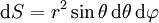 \mathrm dS=r^2\sin\theta\,\mathrm d\theta\,\mathrm d\varphi