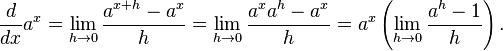 \frac{d}{dx}a^x=\lim_{h\to 0}\frac{a^{x+h}-a^x}{h}=\lim_{h\to 0}\frac{a^{x}a^{h}-a^x}{h}=a^x\left(\lim_{h\to 0}\frac{a^h-1}{h}\right).