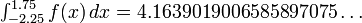 \textstyle \int_{-2.25}^{1.75} f(x)\,dx = 4.1639019006585897075\ldots