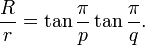 {R\over r} = \tan\frac{\pi}{p}\tan\frac{\pi}{q}.