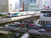 An elevated train, painted in blue, white and a red stripe and with advertisements with the name 