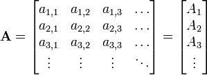  \mathbf{A} = 

\begin{bmatrix}
   a_{1,1} & a_{1,2} & a_{1,3} & \dots \\
   a_{2,1} & a_{2,2} & a_{2,3} & \dots \\
   a_{3,1} & a_{3,2} & a_{3,3} & \dots \\
   \vdots & \vdots & \vdots & \ddots
\end{bmatrix}
=
\begin{bmatrix}
   A_1 \\
   A_2 \\
   A_3 \\
   \vdots
\end{bmatrix}

