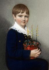 Three quarter length portrait of seated boy smiling and looking at the viewer. He has straight mid brown hair, and wears dark clothes with a large frilly white collar. In his lap he holds a pot of flowering plants