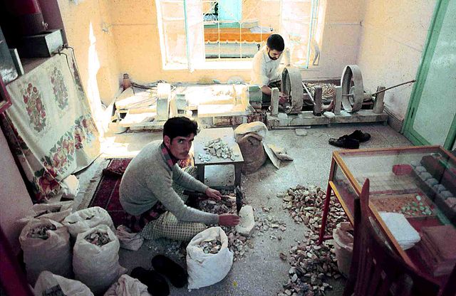 File:Cutting and grinding turquoise in Meshed, Iran. 1973.jpg