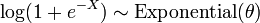 \operatorname{log}(1 + e^{-X}) \sim \operatorname{Exponential}(\theta)\,